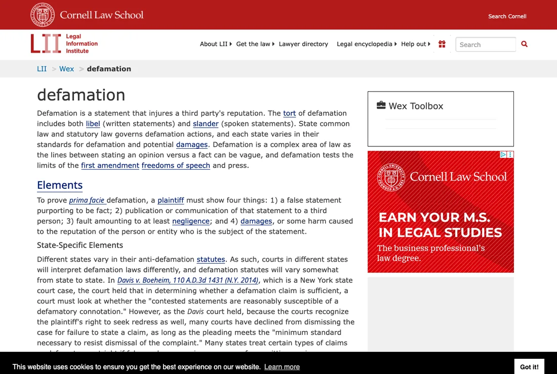 Cornell Law School's reference entry on defamation