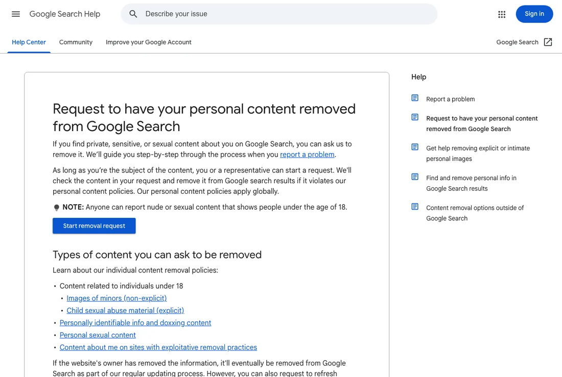 Google's content removal troubleshooter, which routes a request by content type
