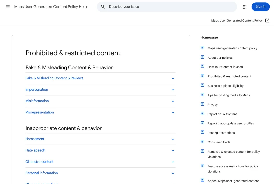 Google's published policy for prohibited and restricted user generated content on Maps