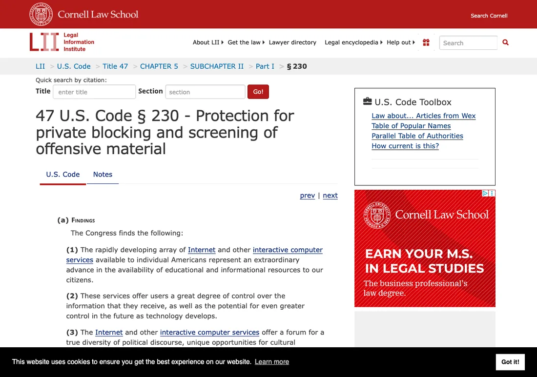 The text of 47 U.S.C. Section 230 on Cornell's Legal Information Institute